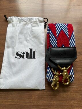 Red, Blue & White Woven Shoulder Strap with Black Leather Accents